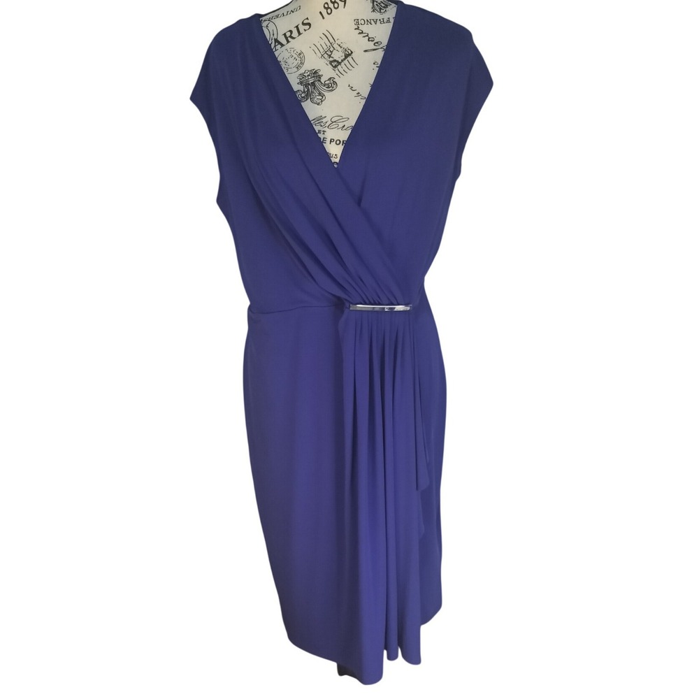 Michael Kors Royal Blue Faux Wrap Draped Sheath Dress Silver Logo Bar Size L